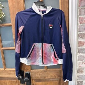 FILA x Christopher Bevans Track Jacket Womens Small Navy Blue Graphic Full Zip